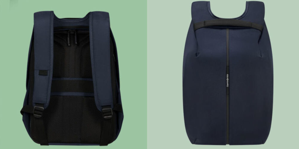 Plecak na laptopa SAMSONITE Securipak 2.0 14.1 cali lekki i pojemny, niska waga ok. 0,7 kg, lekki i wygodny do codziennego noszenia, kompaktowe wymiary ok. 28 x 15 x 41,5 cm,
13 litrów pojemności,
tył plecaka na zielonym tle, plecak od frontu na zielonym tle