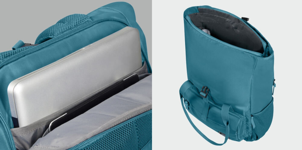 Plecak na laptopa AMERICAN TOURISTER Urban Groove UG25 Roll-Top 15.6 cali Breeze Blue Niebieski
przemyślana organizacja, dedykowana przegroda na laptopa o przekątnej do 15,6”,
dodatkowa kieszeń na tablet do 10,5”, komora umiejscowiona blisko pleców, rolowane zapięcie,
pojemność ok. 20,5 l,
zbliżenie na środek plecaka z laptopem i tabletem, odpięty plecak na jasnym tle