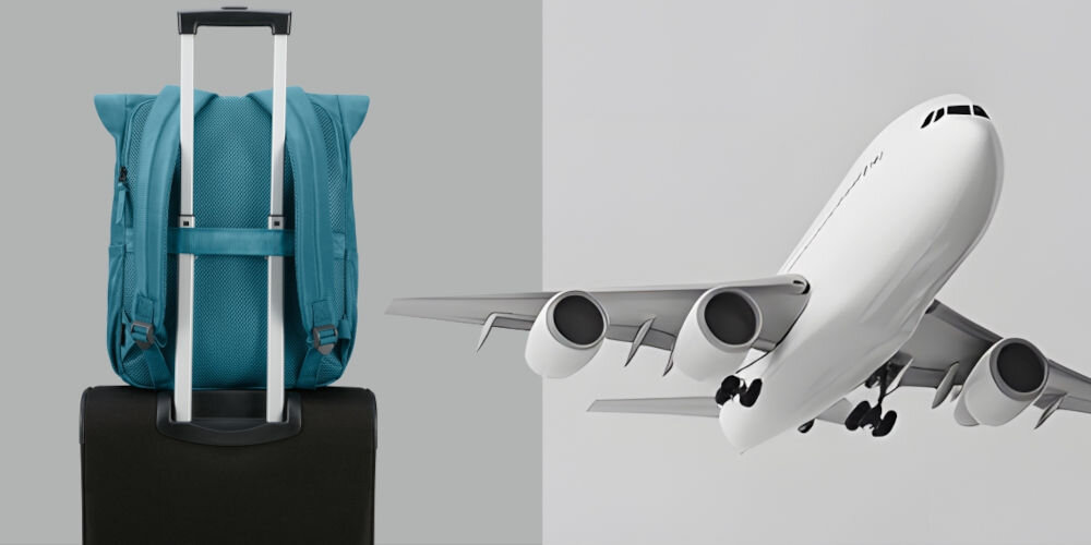 Plecak na laptopa AMERICAN TOURISTER Urban Groove UG25 Roll-Top 15.6 cali Breeze Blue Niebieski
wygoda w podróży, funkcja smart sleeve, specjalny pasek umieszczony z tyłu plecaka,
szare tło, plecak zamocowany na rączce walizki, samolot