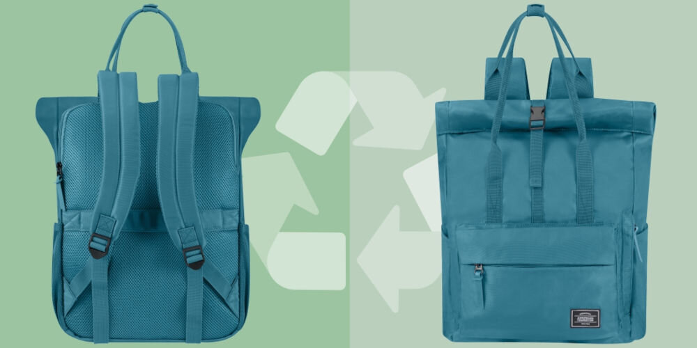 Plecak na laptopa AMERICAN TOURISTER Urban Groove UG25 Roll-Top 15.6 cali Breeze Blue Niebieski
ekologiczne materiały, materiały pochodzące z recyklingu, tkanina wykonana z przetworzonych plastikowych butelek,
do produkcji wykorzystano 20 butelek o pojemności 500 ml,
zielone tło, plecak bokiem, tył plecaka, strzałki symbolizujące recykling