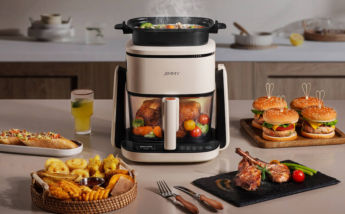 Air Fryer Frytkownica beztłuszczowa JIMMY AF3 z 360-stopniową cyrkulacją powietrza i z przezroczystą konstrukcją garnka Wielofunkcyjność 2w1 patelnia tradycyjne smażenie dania