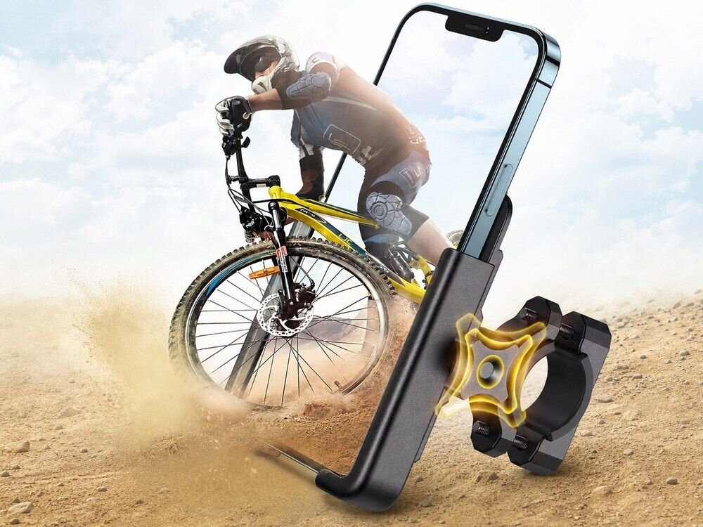 Uchwyt na telefon do roweru WOZINSKY WBHBK3 Czarny, rower, hulajnoga, stabilne, uchwyt, Uchwyt na telefon na tle rowerzysty górskiego.