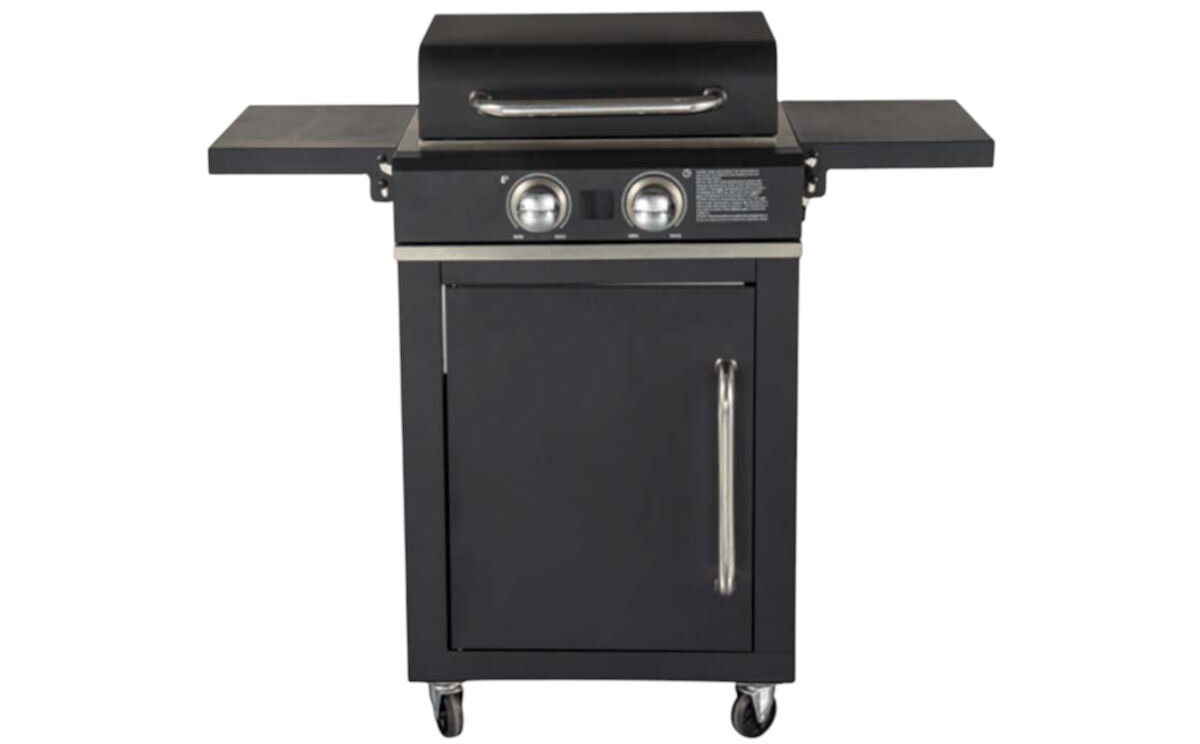 Grill elektryczny MIRPOL MIR760, pokrywa, wyświetlacz LED, czyszczenie, łatwy montaż, Widok en face na grill MIRPOL MIR760 wolnostojący – wysoka, zamknięta pokrywa, duże półki boczne po obu stronach.