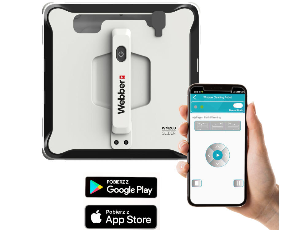ROBOT DO MYCIA OKIEN WEBBER WM200 aplikacja mobilna smartfon tablet wybieranie trybów pracy włączanie wyłączanie urządzenia IOS Android