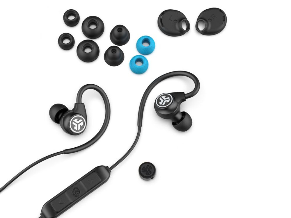 Słuchawki dokanałowe JLAB Fit Sport Wireless dopasowanie obudowa wkladka zaczep komfort nakladki zelowe