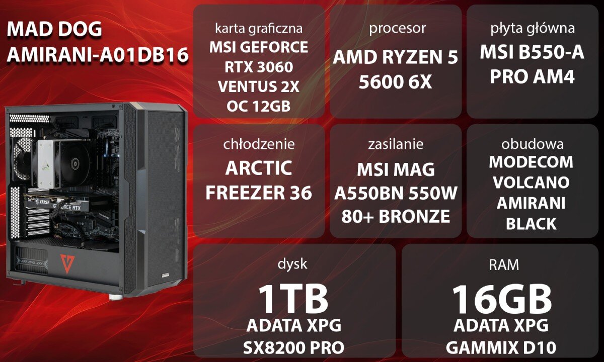 Komputer MAD DOG AMIRANI-A01DB16 R5-5600 16GB RAM 1TB SSD GeForce RTX3060 wygląd opis