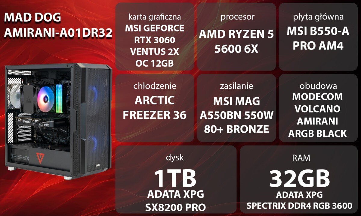 Komputer MAD DOG AMIRANI-A01DR32 R5-5600 32GB RAM 1TB SSD GeForce RTX3060 wygląd opis