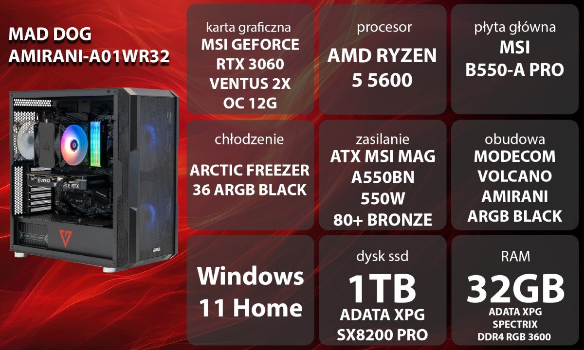 Komputer MAD DOG AMIRANI-A01WR32 R5-5600 32GB RAM 1TB SSD GeForce RTX3060 Windows 11 Home wygląd opis