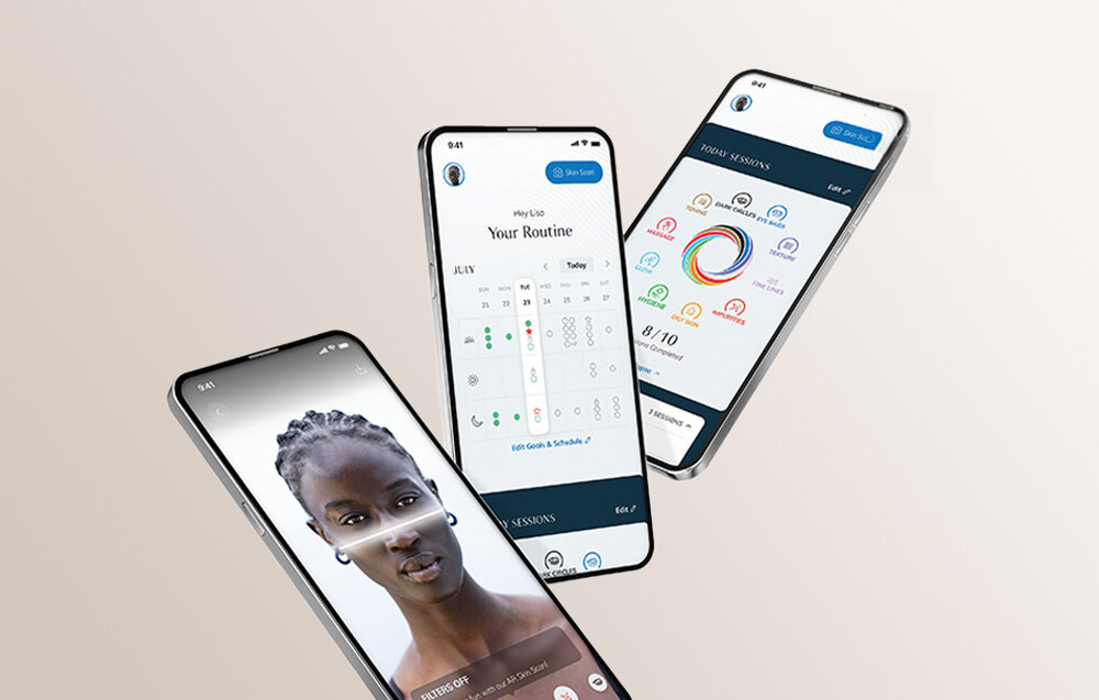 Masażer do oczu GESKE Duo Cool & Warm 7w1 Biało - różowy aplikacja Android IOS spersonalizowane wskazówki pielęgnacyjne zeskanowanie twarzy śledzenie postępów w pielęgnacji dostęp do porad ekspertów aplikacja monitorowanie zmian kondycji skóry dostosowanie rutyny pielęgnacyjnej