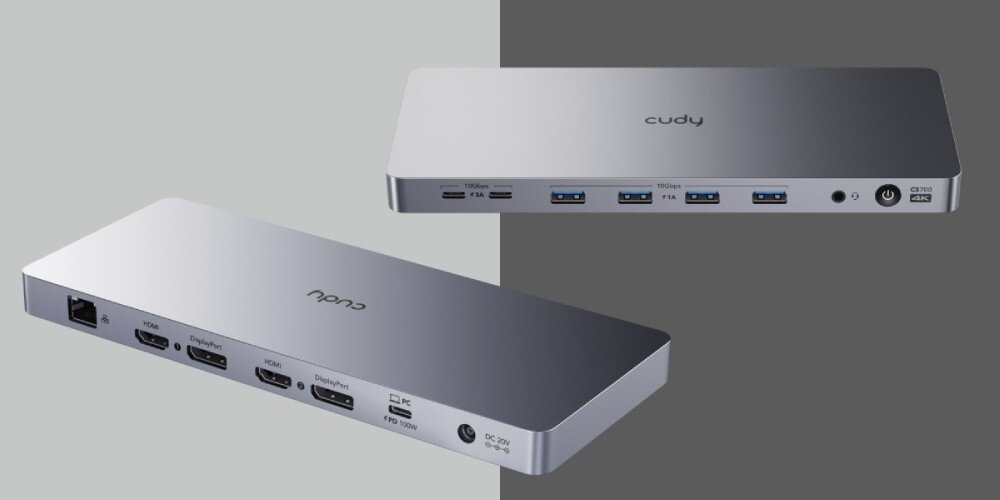 Stacja dokująca CUDY CS700 Dwa widoki aluminiowej stacji dokującej. Przód z portami USB, audio i zasilaniem. Tył z portami HDMI, DisplayPort, Ethernet i zasilaniem DC, funkcje, zastosowanie