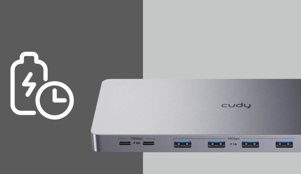 Stacja dokująca CUDY CS700 Zbliżenie na fragment stacji dokującej z portami USB i USB-C. Po lewej stronie widoczna grafika z ikonami baterii i zegara, ładowanie, moc