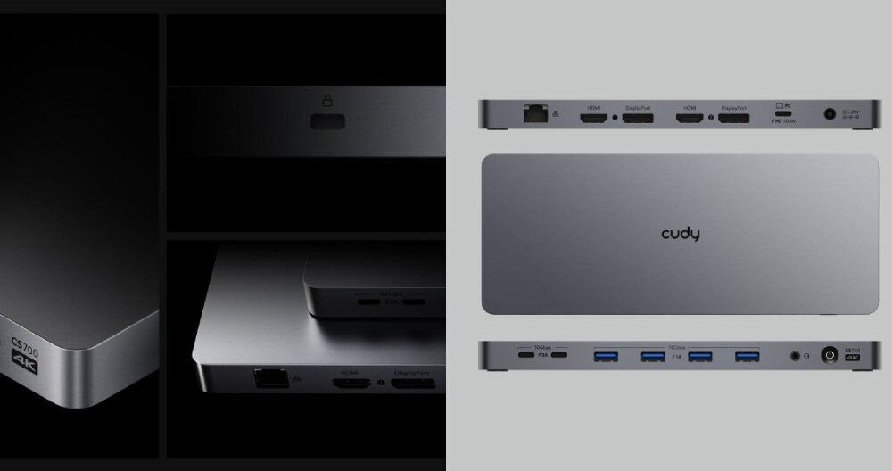 Stacja dokująca CUDY CS700 Kompozycja kilku zbliżeń na stację dokującą. Widoczne są porty HDMI, DisplayPort, Ethernet, USB oraz logo modelu, kompatybilność, systemy, urządzenia