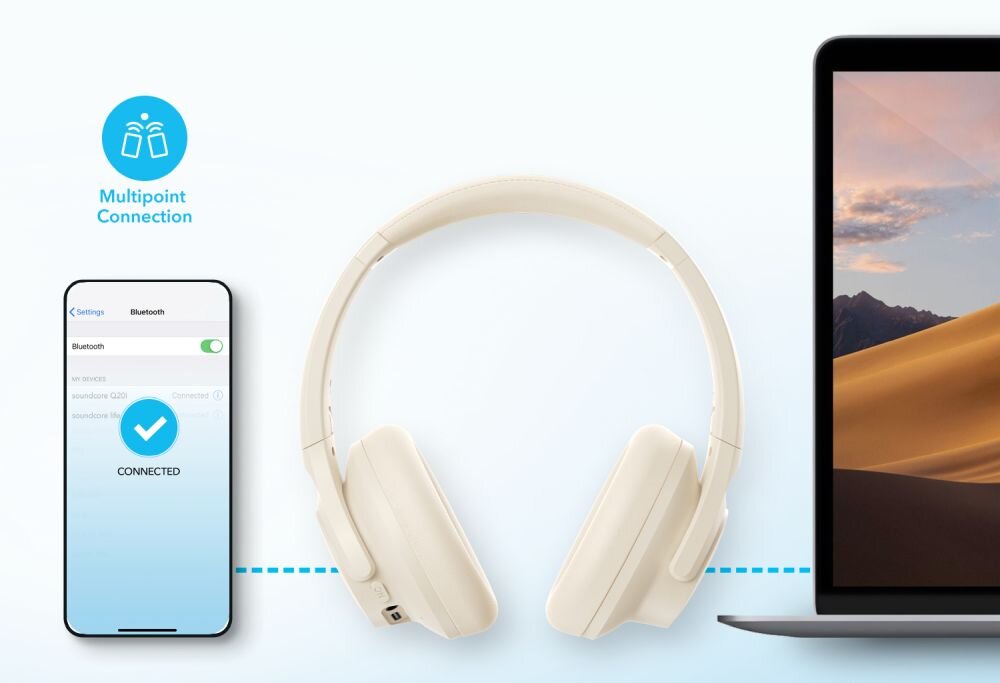 Słuchawki nauszne SOUNDCORE Q20i - bluetooth wersja podwojne polaczenie bluetooth