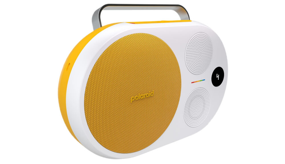 Głośnik bezprzewodowy POLAROID P4 stereo moc 60W do użytku domowego i plenerowego, głośnik po skosie na białym tle