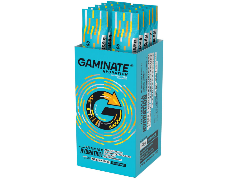 Izotonik GAMINATE Hydration Box Box Cytrynowy 10 x 15.9 g niezbedne elektrolity i skladniki odzywcze smakowita przyjemnosc wsparcie organizmu mozna pic przed w trakcie i po treningu zestaw 10 saszetek