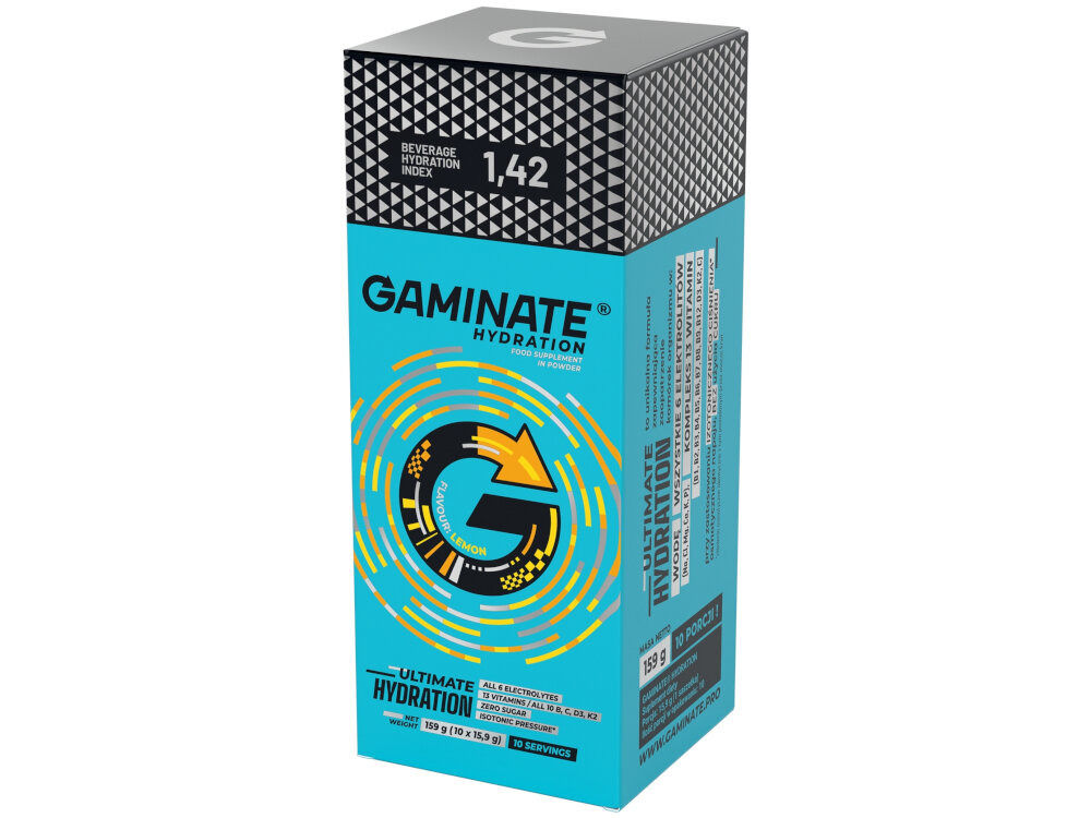 Izotonik GAMINATE Hydration Box Box Cytrynowy 10 x 15.9 g formula Ultimate Hydration nie zawiera cukru odpowiednie nawodnienie i cisnienie osmotyczne