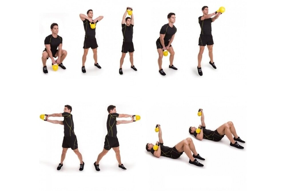 Kettlebell GORILLA SPORTS 2906 (20 kg) białe tło kolaż zdjęć osoby wykonują różne ćwiczenia przy pomocy kettlebella do treningów w domu treningów turniejowych dla profesjonalistów sprosta wymaganiom intensywnego użytkowania rozwija siłę kondycję i koordynację lepsze wyniki w sporcie i codziennym życiu wszechstronne narzędzie efektywny i bezpieczny trening