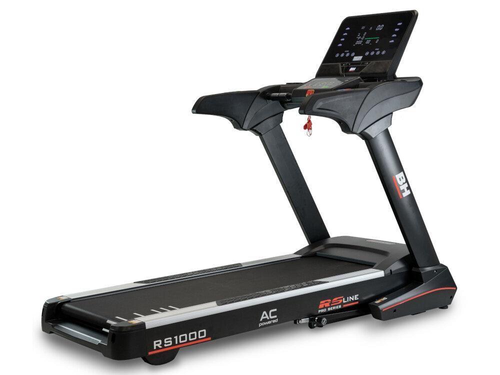 Bieżnia elektryczna BH FITNESS RS1000 2574W 22km-h bieżnia na białym tle widoczna od tyłu po skosie poprawa kondycji lepsze wyniki sportowe maksymalna waga użytkownika do 150 kg solidność konstrukcji wysoka jakość materiałów dla osób początkujących dla zaawansowanych biegaczy