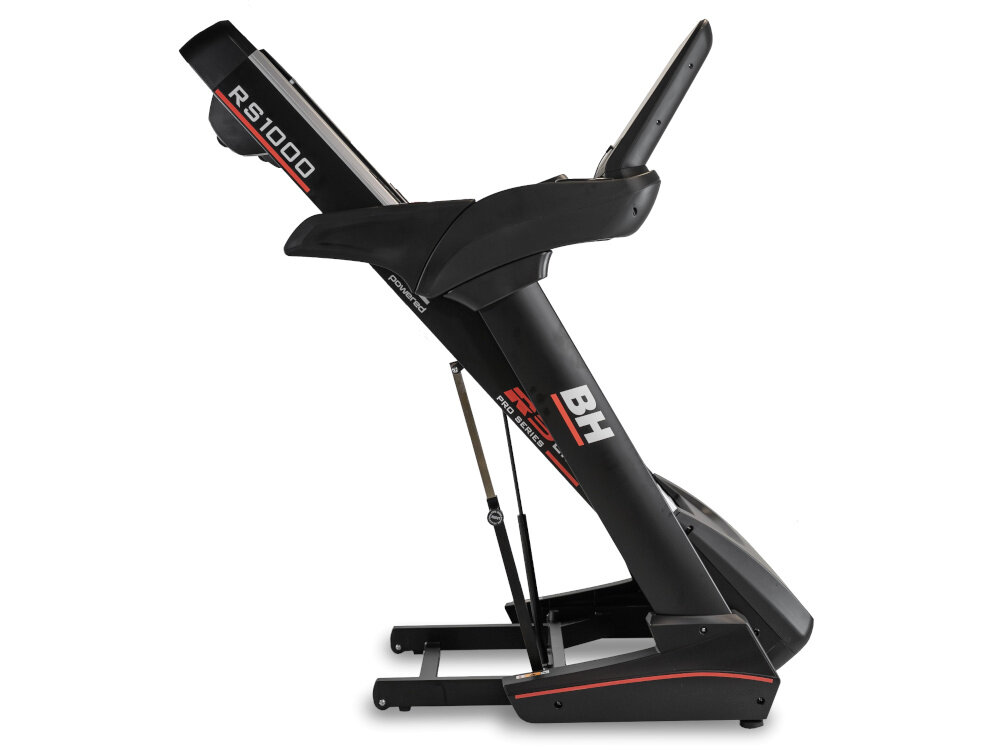 Bieżnia elektryczna BH FITNESS RS1000 2574W 22km-h złożona bieżna na białym tle możliwość składania podnoszony pas biegowy wymiary po złożeniu 92 x 166 x 137 cm wbudowane rolki transportowe