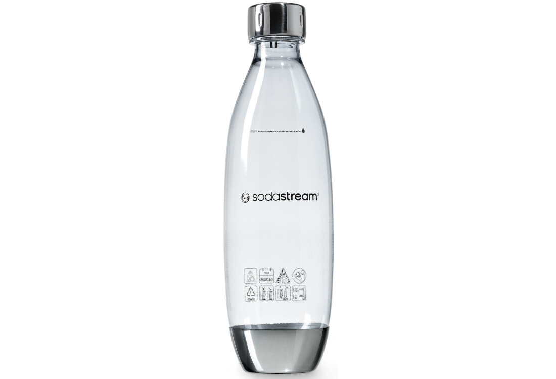 Butelka SODASTREAM Silver kobieta trzyma w ręce wodę z dodatkami z kostkami lodu pije wodę szczelność do 4 lat intensywnego użytkowania prawidłowe nawodnienie organizmu