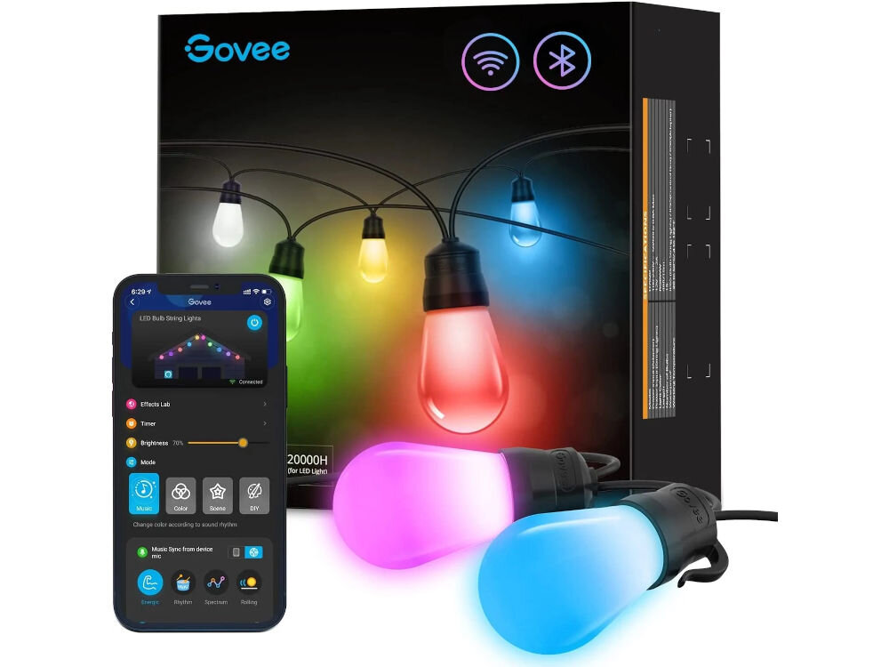 Girlanda ogrodowa GOVEE H7020 RGBW 48FT Outdoor string light Wi-Fi/Bluetooth, 15m, IP65, 15 LED, balkon, Zestaw girland LED Govee z aplikacją na telefonie.