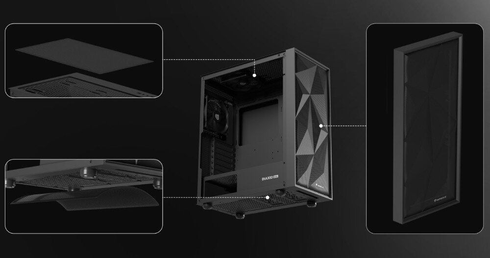 Komputer MAD DOG DIAXID605F-I05DB16 i5-12400F 16GB RAM 1TB SSD GeForce RTX4070 obudowa wygląd wentylacja filtry porty