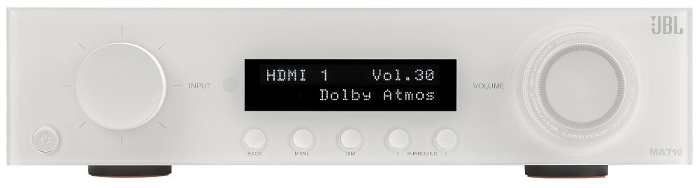 Amplituner JBL MA710 7 kanałów wzmocnienia klasy D mocny dźwięk, amplituner stojący od frontu na białym tle