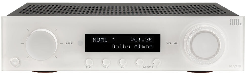 Amplituner JBL MA710 wsparcie multimediów HDMI konsola telewizor streaming, amplituner stojący od frontu na białym tle