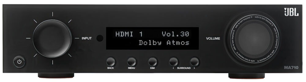 Amplituner JBL MA710 Bluetooth Airplay 2 Chromecast strumieniowanie, amplituner stojący od frontu na białym tle