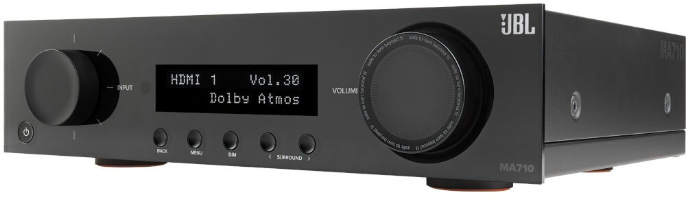 Amplituner JBL MA710 wejście Moving Magnet gramofon odtwarzanie płyt, amplituner stojący po skosie na białym tle