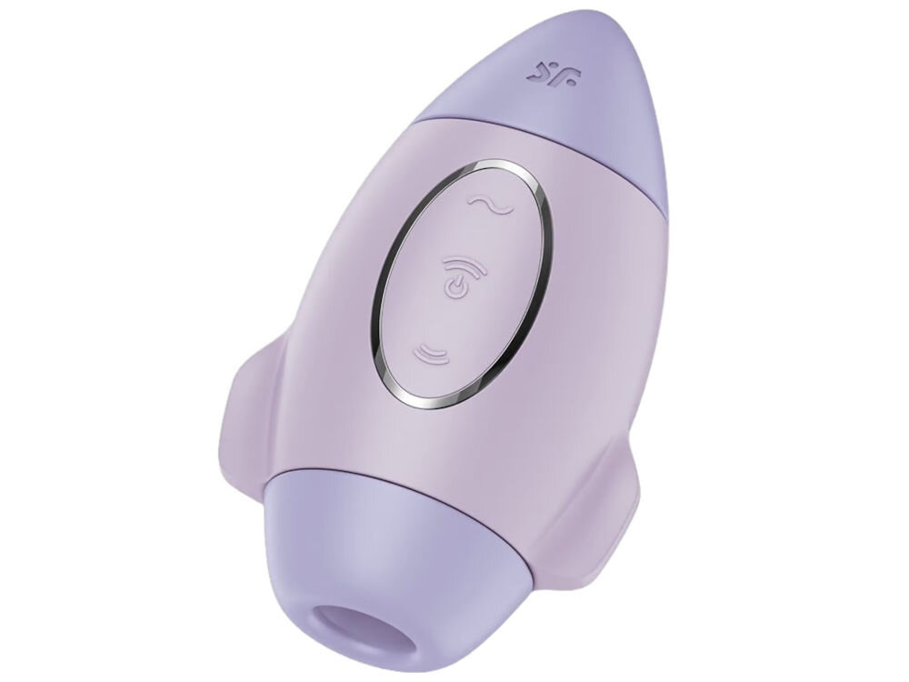 SATISFYER MISSION CONTROL Masażer Bezdotykowy z Wibracją Fioletowy fioletowy wibrator rakieta jasny fiolet ciemny fiolet przyciski srebrne elementy białe tło
