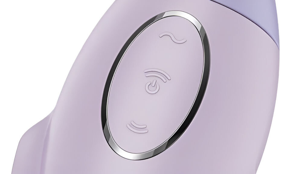SATISFYER MISSION CONTROL Masażer Bezdotykowy z Wibracją Fioletowy zbliżenie na przyciski fioletowe urządzenie białe tło technologia Air Pulse fale ciśnienia delikatnie pieszczą łechtaczkę intensywny orgazm 11 poziomów intensywności ciśnienia pełna kontrola nad doznaniami 12 programów wibracji dostosowanie doświadczenia