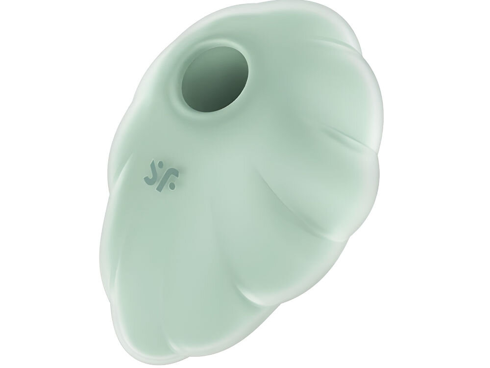 SATISFYER CLOUD DANCER Masażer Bezdotykowy z Wibracją  Miętowy wibrator zielony kolor otwór na środku białe tło chwila rozkoszy