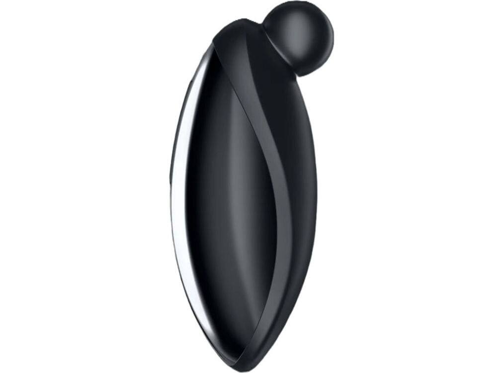 SATISFYER SPOT ON 2 Wibrator Łechtaczkowy Czarny wibrator leży bokiem czarny błyszcząca obudowa białe tło nie tylko na suchym lądzie wodoodporności IPX7 pod prysznicem w wannie specjalny środek do czyszczenia zabawek erotycznych około 60 minut na pełnym naładowaniu do 2,5 godzin wszechstronny stylowy przyjemność bez kompromisów 