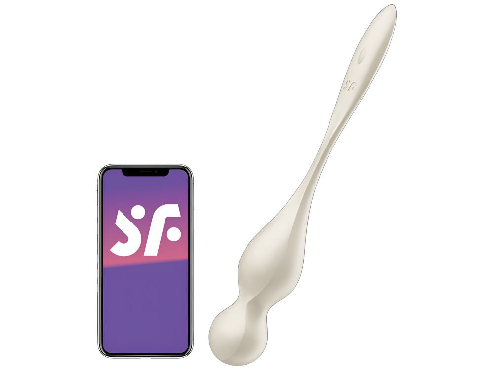 SATISFYER LOVE BIRDS 1 Kulki Do Ćwiczenia Mięśni Kegla Białe kulki w kolorze białym leżą bokiem obok telefon odpalona aplikacja białe tło efektywny trening mięśni dna miednicy mocne wibracje sterowanie manualne za pomocą aplikacji SATISFYER Connect na iOS i Androida wzmacnia mięśnie stymuluje punkt G ergonomiczny kształt przyjazny dla skóry silikon praktyczny uchwyt połączenie technologii i przyjemności