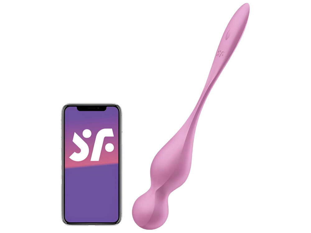 SATISFYER LOVE BIRDS 1 Kulki Do Ćwiczenia Mięśni Kegla  Różowe kulki w kolorze różowym leżą bokiem obok telefon odpalona aplikacja białe tło efektywny trening mięśni dna miednicy mocne wibracje sterowanie manualne za pomocą aplikacji SATISFYER Connect na iOS i Androida wzmacnia mięśnie stymuluje punkt G ergonomiczny kształt przyjazny dla skóry silikon praktyczny uchwyt połączenie technologii i przyjemności 