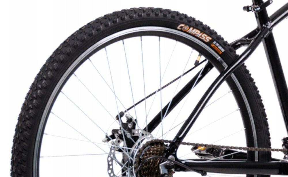 Rower górski MTB GOETZE Define M17 29 cali męski Czarny kola rozmiar 29 cali latwiej pokonac przeszkody wiekszy kontakt kola z podlozem szerokie opony marki COMPASS dobra przyczepnosc dwusciankowe obrecze zachowanie regularnego ksztaltu kol stabilne trzymanie opony regularne sprawdzanie cisnienia powietrza wartosc na bocznej czesci opony