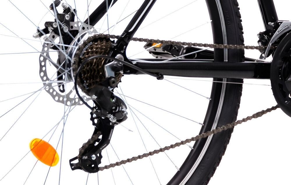 Rower górski MTB GOETZE Define M17 29 cali męski Czarny przerzutki marki SHIMANO duza wytrzymalosc sprawne dzialanie plynna bezproblemowa zmiana biegow 21 biegow przednia i tylna przerzutka SHIMANO Tourney