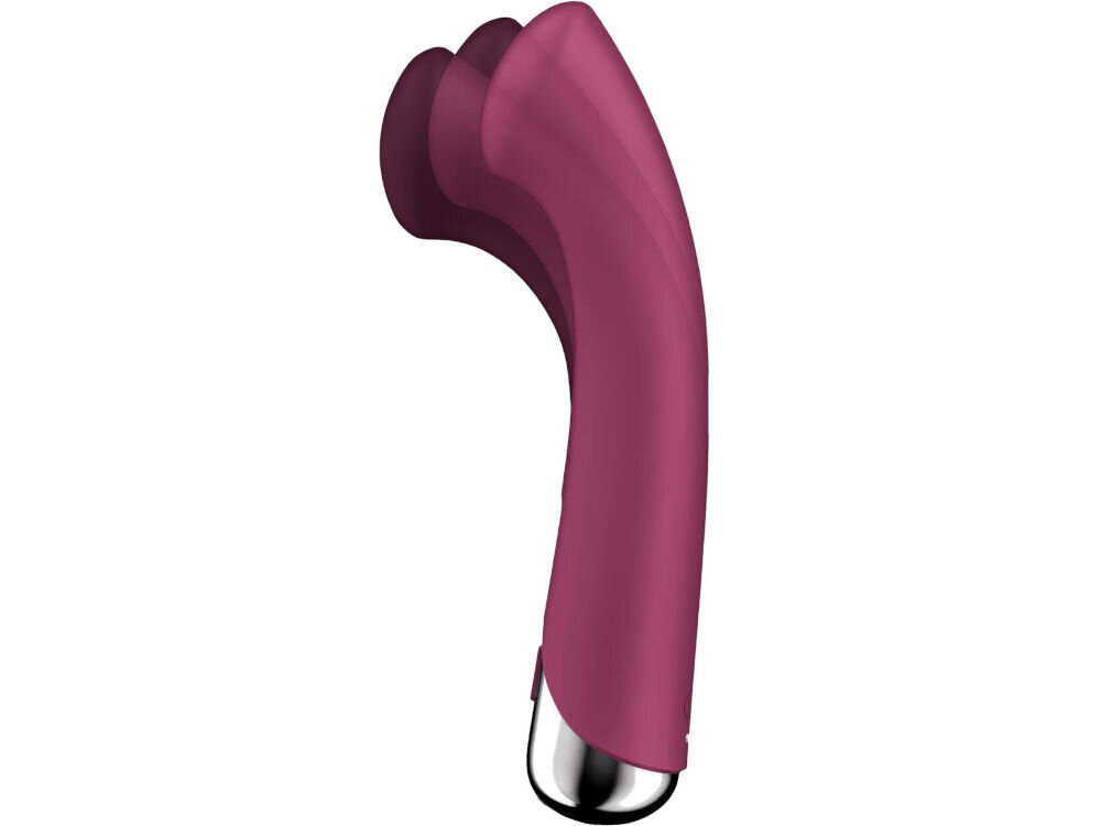 SATISFYER SPINNING G SPOT 1 Masażer punktu G z wibracją Czerwony wibrator w kolorze czerwonym srebrna końcówka ruchoma głowica białe tło funkcja wibracji i rotacji 12 różnych programów wibracji 5 opcji rotacji dostosowanie intensywności stymulacji punktu G spłaszczona końcówka w czułe miejsca głębokie rytmiczne doznania prosty w obsłudze interfejs jednoczesne lub oddzielne sterowanie pełna kontrola
