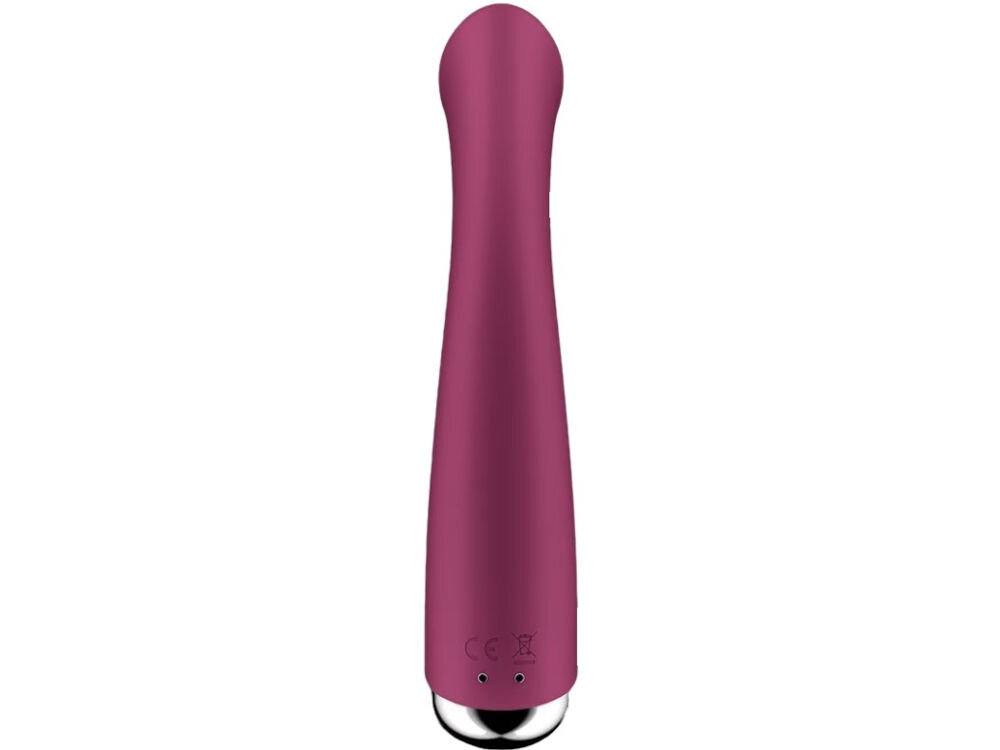 SATISFYER SPINNING G SPOT 1 Masażer punktu G z wibracją Czerwony ukazany tył urządzenie czerwony kolor srebrna końcówka kulki do ładowania białe tło wszechstronność praktyczność klasa wodoodporności IPX7 pod prysznicem w wannie gładka, silikonowa powierzchnia przyjazna dla ciała łatwa w czyszczeniu ciepła woda, łagodne mydło środek do czyszczenia zabawek przewód z magnetyczną końcówką wygodne szybkie ładowanie do 2,5 godzin czas pracy urządzenia wynosi około 30 minut