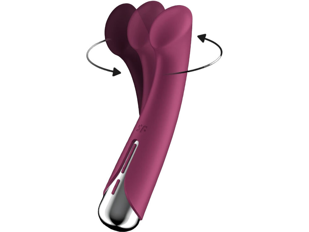 SATISFYER SPINNING G SPOT 1 Masażer punktu G z wibracją Czerwony wibrator w kolorze czerwonym srebrna końcówka przyciski strzałki ukazany ruch głowicy białe tło elegancki design funkcjonalność wysoka jakość silikonu komfort i intensywność doznań mechanizm obrotowy stymulacja punktu G tryb szeptu dyskrecja subtelna efektywna zabawa