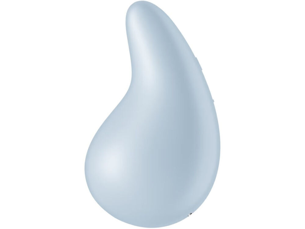 SATISFYER DEW DROP Wibrator Łechtaczkowy Wodoodporny Jasnoniebieski wibrator w kolorze niebieskim białe tło zmysłowa przygoda elegancki gadżet Podwójna, miękka warstwa silikonu medycznego przyjemne doznania niewielki (8,1 x 4,9 x 4,7 cm) potężny  dwa silniczki 12 różnorodnych programów wibracji zwężana końcówka zakrzywiona szyjka szeroka podstawa wszechstronna stymulacja zmysłowa eksploracja 