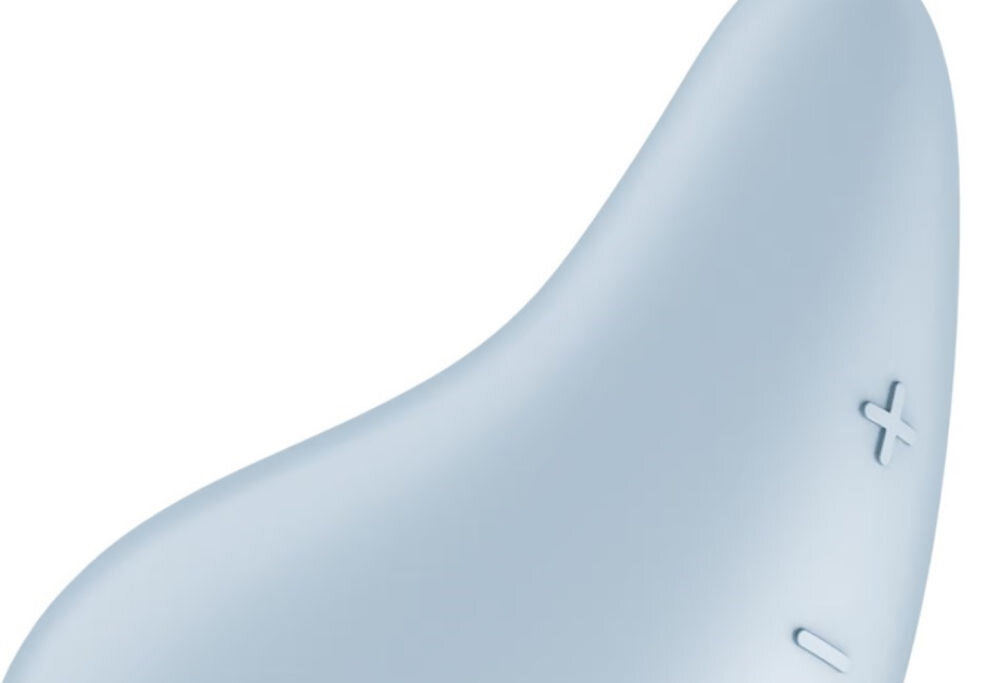 SATISFYER DEW DROP Wibrator Łechtaczkowy Wodoodporny Jasnoniebieski zbliżenie na przyciski plus minus niebieskie urządzenie białe tło dla początkujących i doświadczonych użytkowników prosty, intuicyjny design czysta przyjemność z korzystania ergonomiczny kształt precyzyjna stymulacja łechtaczki gadżety erotyczne dyskretny funkcjonalny