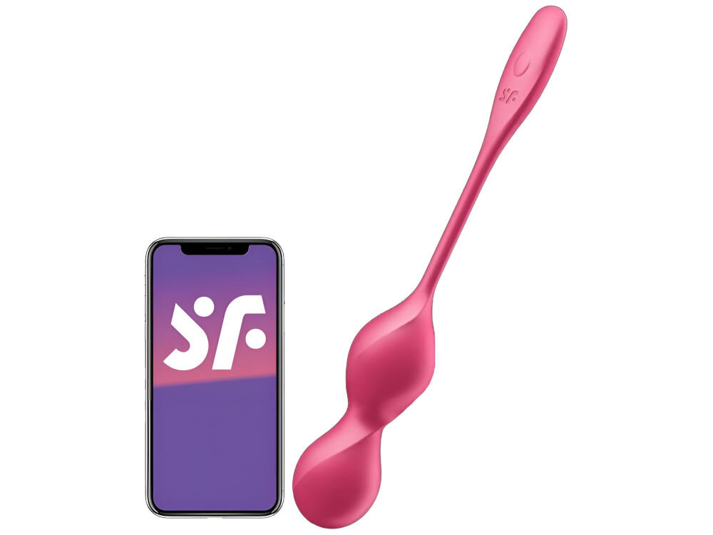 SATISFYER LOVE BIRDS 2 Kulki Do Ćwiczenia Mięśni Kegla Różowe kulki w kolorze różowym leżą bokiem obok telefon odpalona aplikacja białe tło efektywny trening mięśni dna miednicy mocne wibracje sterowanie za pomocą pilota za pomocą aplikacji SATISFYER Connect na iOS i Androida wzmacnia mięśnie stymuluje punkt G ergonomiczny kształt przyjazny dla skóry silikon praktyczny uchwyt połączenie technologii i przyjemności 