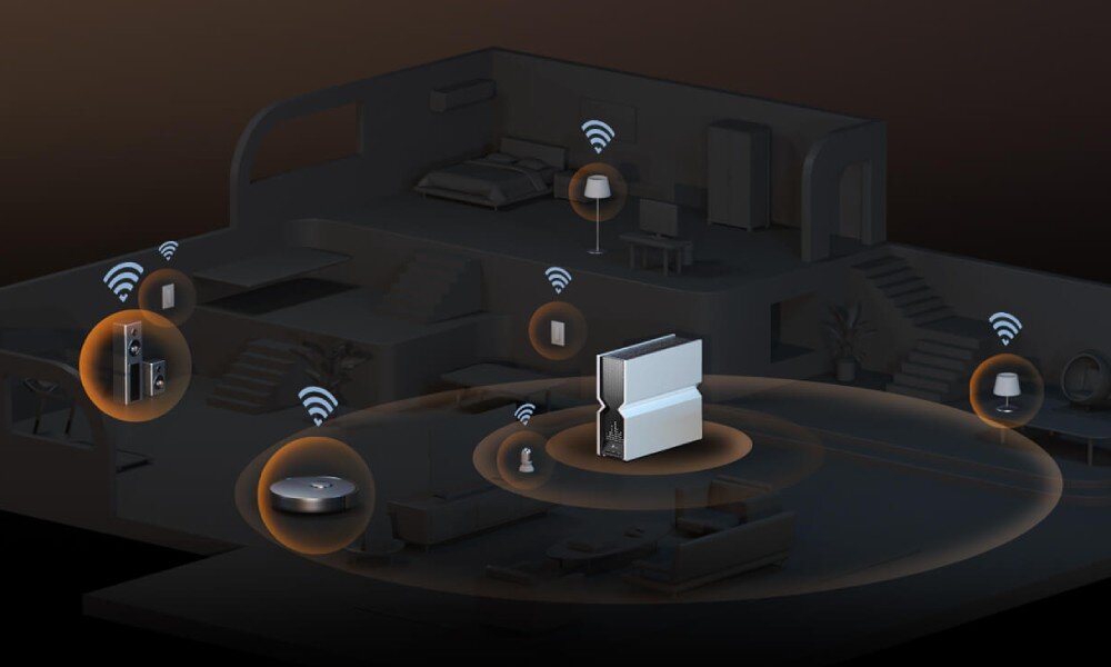 Router TP-LINK Archer BE800 Obraz przedstawia schemat routera umieszczonego centralnie w domu z ikonami symbolizującymi podłączone urządzenia, takie jak głośniki, inteligentne oświetlenie czy robot sprzątający, osobna sieć dla IoT, szyfrowanie WPA3