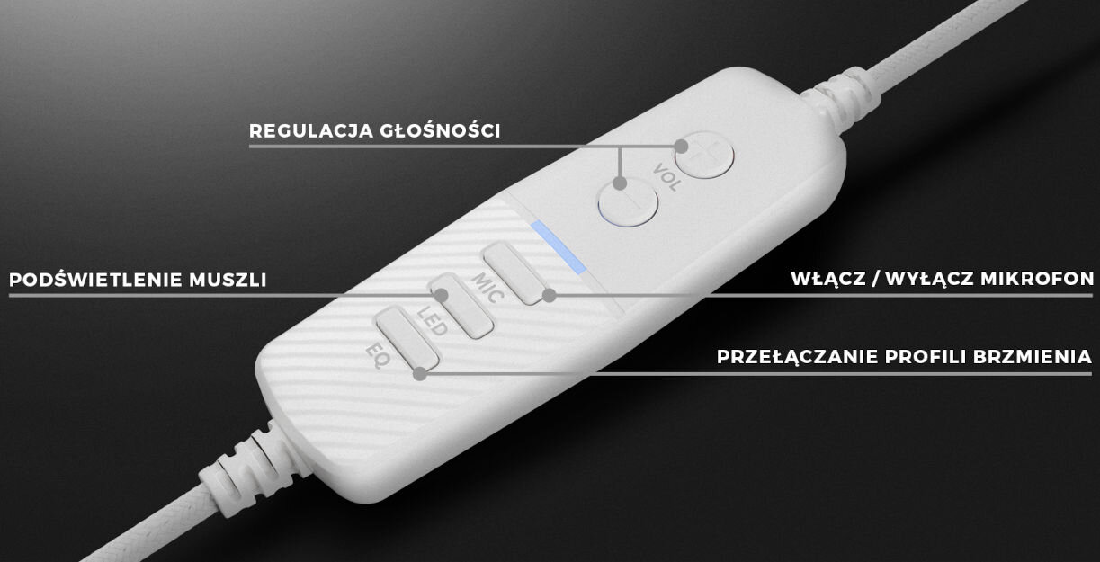 Słuchawki GENESIS Neon 764 Nauszne, Dźwięk przestrzenny Biały kontroler na pilocie szybki dostęp do najważniejszych funkcji dostosowanie podświetlenia głośności wyłączanie włączanie mikrofonu zmiana profili brzmień
