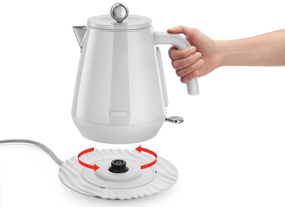 Czajnik DELONGHI KBY2001.W Eclettica Biały Wygodna obsługa podstawa obracana 360° zwijany przewód komfort wygoda użytkowanie korzystanie