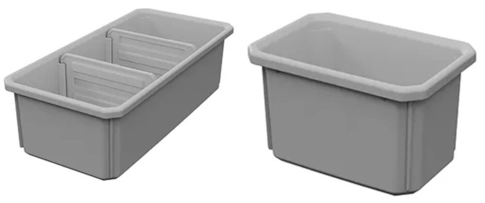 Organizer narzędziowy KETER Roc Pro Gear 2.0 dwa pojemniki na białym tle sześć mniejszych przegródek jeden szeroki pojemnik z dodatkowymi dwoma przegrodami usprawnia pracę logiczna segregacja chroni przed przemieszczaniem się zawartości