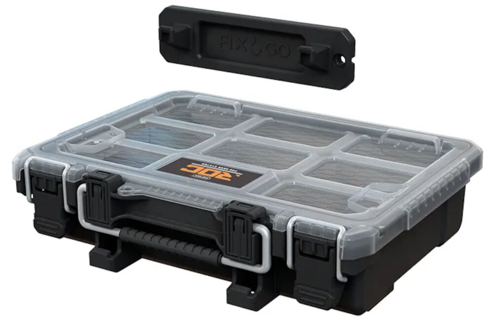 Organizer narzędziowy KETER Roc Pro Gear 2.0 ogranizer na białym tle widoczny od przodu pod skosem na górze widok na uchwyt do montażu na ścianie uchwyt Pro Mount XS zawieszenie organizera na ścianie ergonomia pracy szybki dostęp