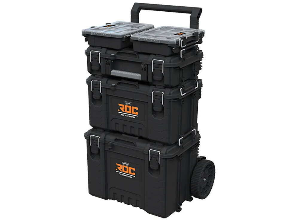 Organizer narzędziowy KETER Roc Pro Gear 2.0 organizer nałożony na skrzynki białe tło możliwość łączenia  serią ROC Pro Gear 2.0 i skrzynką na kółkach 28 cali ROC Pro Gear 1.0 większe systemy przechowywania